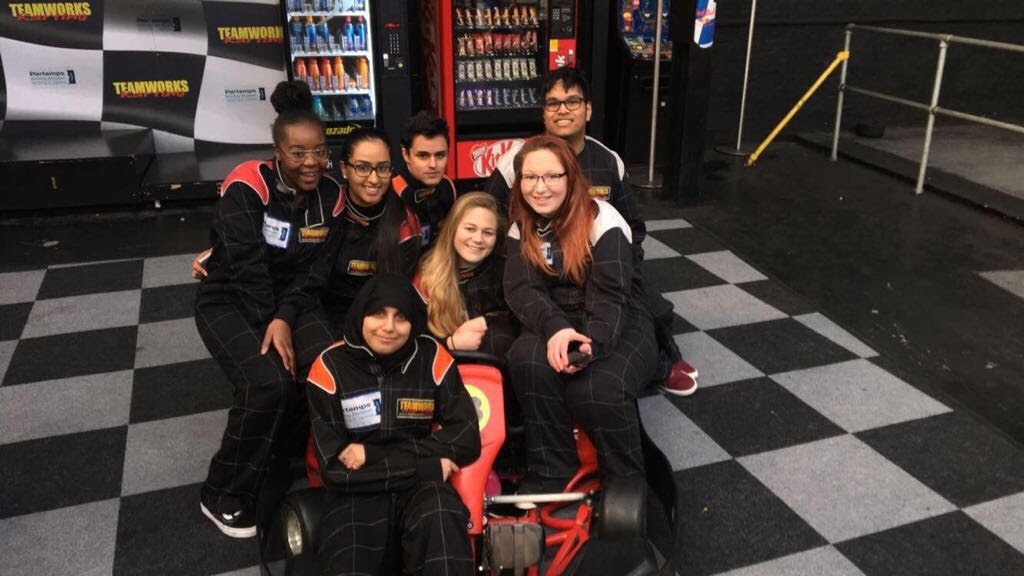 Holly and the team out go-karting.